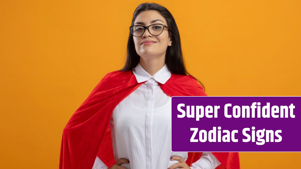 Pleased young caucasian superhero girl wearing glasses keeping hands on waist looking at camera isolated on orange background.