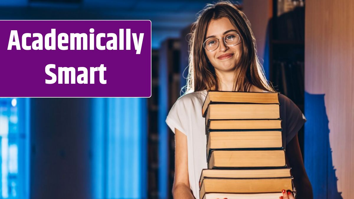 Young girl student with glasses in library smiling and carries stack of books. Exam preparation.
