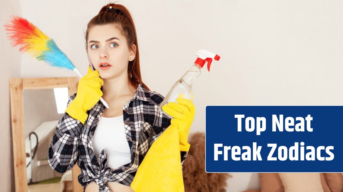 Young woman in a shirt and rubber gloves doing cleaning in the house and talking on phone.