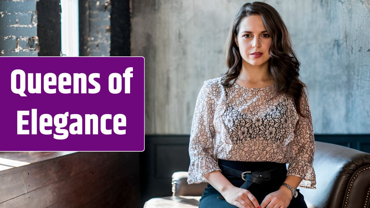 Stylish young woman in floral top sitting on sofa.