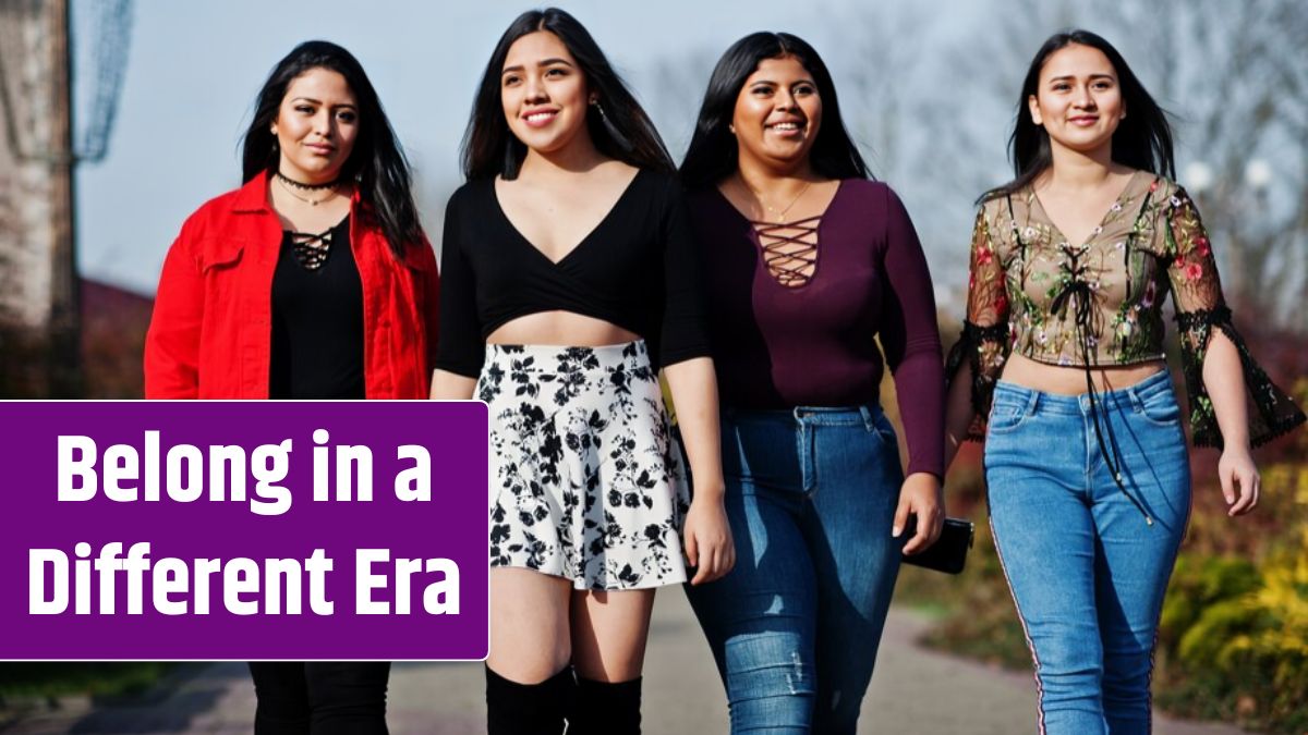 Group of four happy and pretty latino girls from Ecuador posed at street.